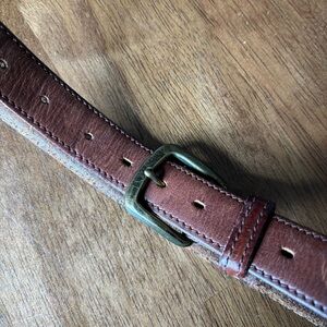 Brown genuine leather belt with brass toned buckle; OLD TAN HIDE brand; 35 1/4"